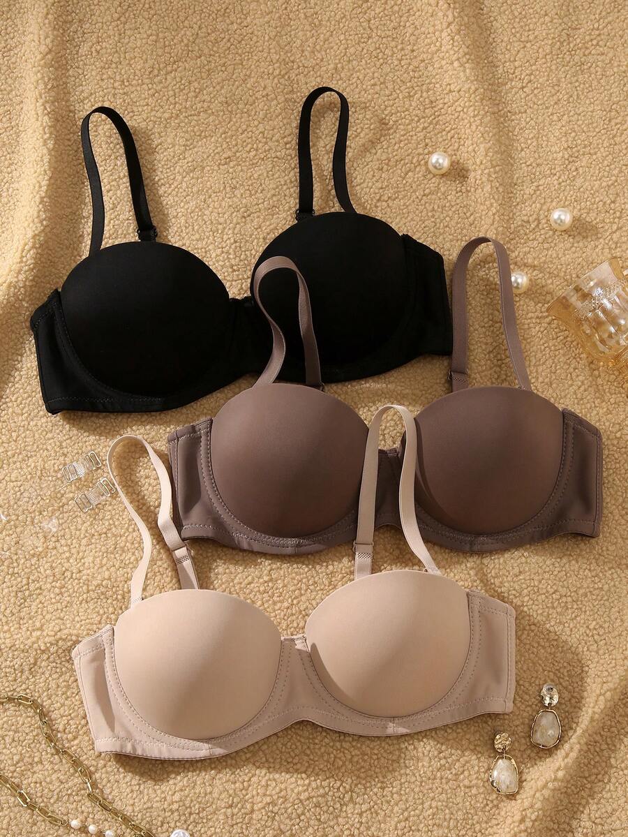 DesireSculpt 3pcs/Set Women's Solid Color Simple Daily Underwire Bra - Multicolor - View 1