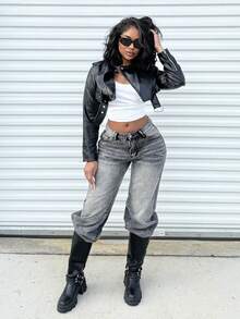 Alexandranx 秋冬拉链PU短款机车夹克 - 黑色 - 查看 6