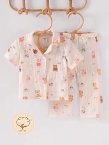 Baby Girls' Cotton Gauze Cute Cartoon Rabbit, Bear, Elephant Colorful Pattern Short Sleeve Pants Lapel Cardigan Pajama Set - Multicolor - View 5
