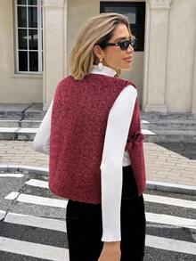 Serisse Women's Solid Color Round Neck Side Slit Hem Fashion Woolen Vest, Autumn/Winter Valentine's Day Casual Red - Burgundy - View 2