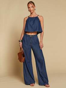 COSMINA Denim 女士纯色打结吊带背心和休闲牛仔裤套装，牛仔时尚女装，女士牛仔两件套，女士牛仔套装，牛仔套装，女士夏季服装 - 深色水洗藍 - 查看 3