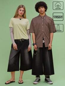 COUREZ Unisex Women Men Oversized Black Wash Summer Jorts Y2K Vintage Cotton - Black - View 1