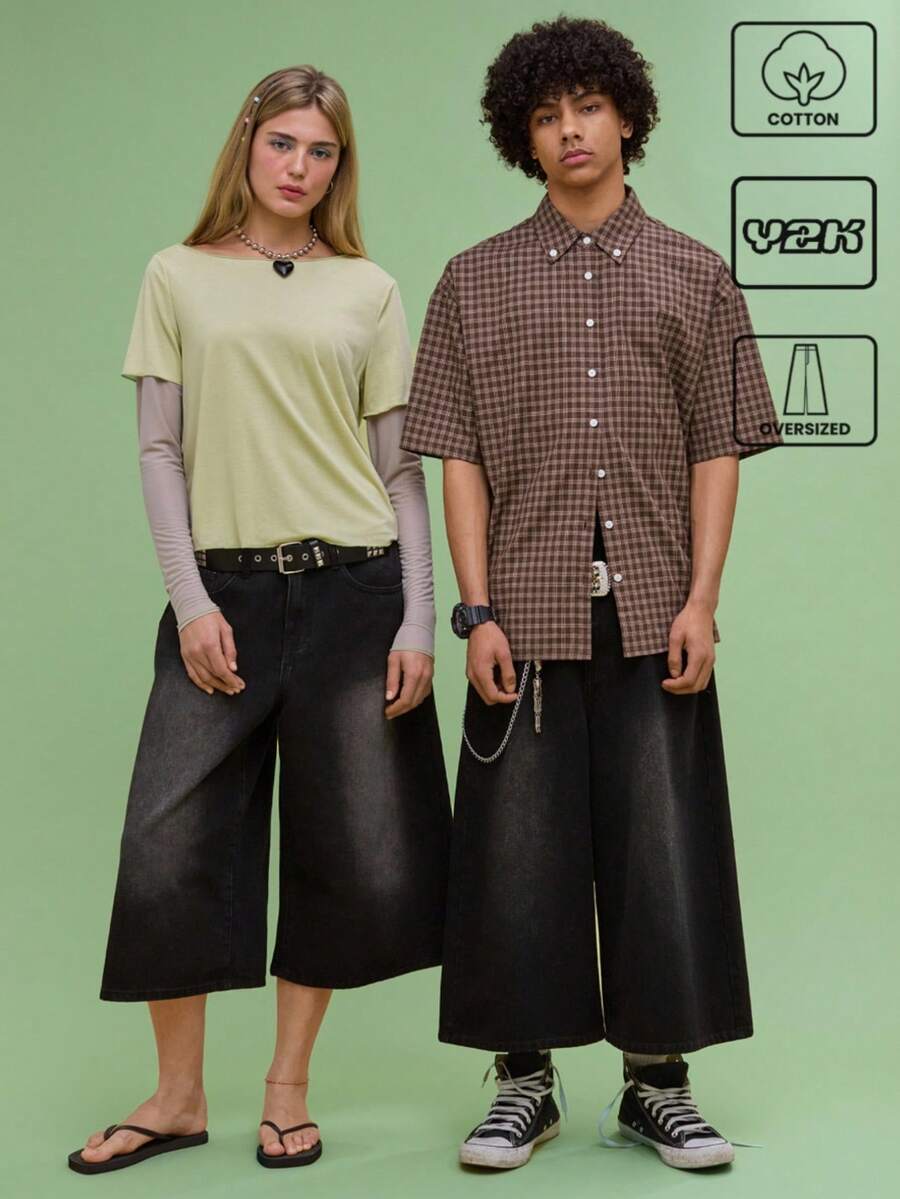 COUREZ Unisex Women Men Oversized Black Wash Summer Jorts Y2K Vintage Cotton - Black - View 1