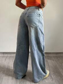 SHEIN Unity Women's Pocket Button Casual Versatile Commute Wide Leg Pants - Medium Wash - View 2