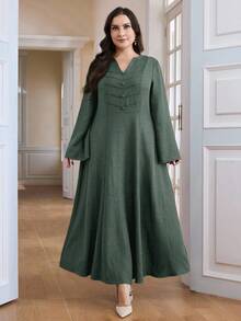 Al Najma Plus Size Women's Solid Color Minimalist Long Sleeve Abaya Dress, Everyday Wear - Green - View 3