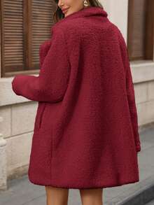 SHEIN LUNE Chaqueta de manga larga de solapa doble botonadura, unicolor clásico, versátil para el invierno - Burdeos - Ver 2