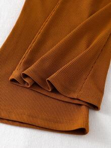 SHEIN Genkimix Kids Girls Apricot & Brown Knit Patchwork Long Sleeve Sweatshirt With Bow, Fashion Design Top, Solid Color Flared Pants, Vintage & Comfortable Outfit, Autumn