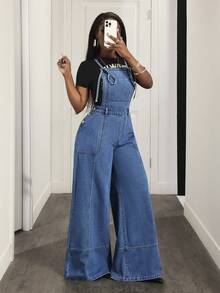 Slaydiva Women's Summer Casual Loose Pocket Wide Leg Denim Bib Pants Denim Jumpsuits For Woman Denim Overalls Jean Overalls Wide Leg Denim Jumpsuit - Khaki - View 7