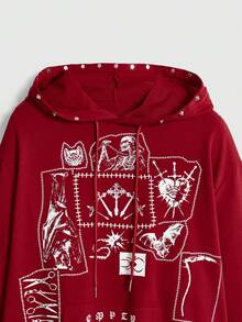 ROMWE Grunge Punk Women's Graphic Print Hooded Pocket Long Sleeve Sweatshirt - Burgundy - View 3