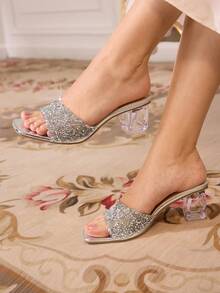 CUCCOO TILAWA Sandalias de tacón alto para mujer con cristales de agua brillantes y diseño calado transparente con cristales, con un estilo lujoso para la primavera y el verano, el Día de San Valentín - Gris plateado - Ver 2