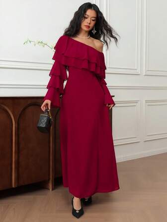 EastFlair 女士纯色不对称肩部荷叶边喇叭袖优雅连衣裙