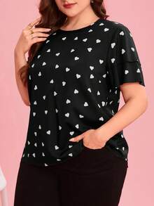 SHEIN Clasi 大码夏季休闲通勤爱心印花圆领荷叶边衬衫 - 黑與白 - 查看 5