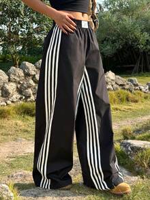 Muchica 女士撞色侧条纹休闲运动裤 - 黑色 - 查看 5