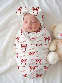 SHEIN 2Pcs Set Newborn Photography Swaddle Wrap Red Bowknot Print Baby Girl Photo Props With Bow Hat Newborn Valentine's Day Gift - Red and White - View 8