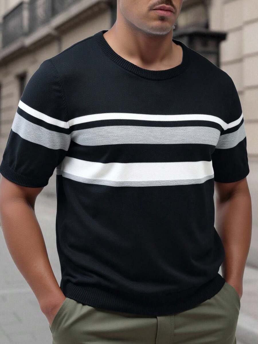 Manfinity Homme Men's Casual Striped Crew Neck Knit Sweater - Black - View 1