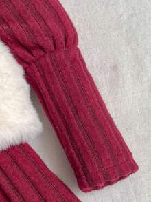 SHEIN 2pcs Baby Girls Dress + Plush Vest Cute Elegant Set, High Collar Long Sleeve Ruched Ribbed Thermal Lined Lantern Sleeve Dress Paired With Warm Plush Vest Jacket, Retro Casual Versatile Korean Style With Bow Design, Suitable For Daily Outings, Birthday, Holiday Party In Autumn/Winter