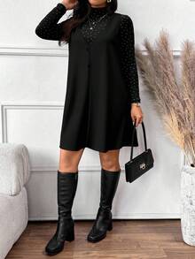 SHEIN Frenchy Conjunto de 2 piezas de top y vestido de lunares elegante para mujer de talla grande, adecuado para otoño/invierno, Año Nuevo, fiesta de música, color negro - Negro - Ver 7