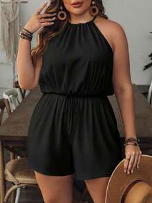 EMERY ROSE Plus Size Women's Solid Color Black Jumpsuit, Women's Summer Clothing, Women's Elegant Outfit, Outerwear, Office Wear Spring - Black - View 5