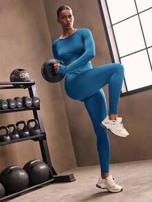 Powerista Women's Autumn Simple Solid Color Raglan Sleeve Cropped Top And Leggings Sports Suit - Aqua Blue - View 6