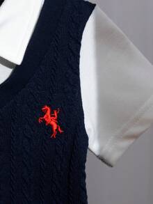 2件套男婴可爱学院风撞色针织短袖polo衫+休闲纯色短裤套装，适合夏季、生日派对、正式场合、婚礼、男婴服装、男婴套装、男婴套装、男婴套装、小男孩服装 - 彩色 - 查看 3
