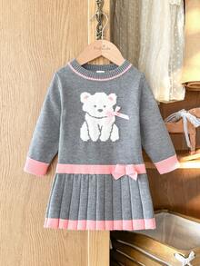 Playful Pals Babygirl Infant & Baby GirlRound Neck Long Sleeve Knitted Casual Cute Bear Embroidered Pleated Dress, Suitable For Camping, Vacation Or Daily Casual Wear In Mild Weather, Spring And Autumn