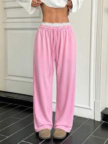 SHEIN EZwear 大码女式抽绳腰阔腿撞色蕾丝裤，夏季 - 粉色 - 查看 6