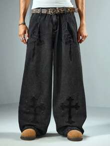 ROMWE MEN Men's Casual Fashion Street Cross Pattern Washed Loose Wide-Leg Jeans - Black - View 6