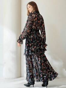 Aveloria Modichic Robe longue à manches longues bohème décontractée pour femmes, avec boucle métallique à la taille, imprimé aléatoire de fleurs de cachemire et de paisley en mousseline de soie élégante et vintage