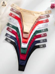 SHEIN 8件套奢华水钻装饰女士舒适丁字裤，多色 - 彩色 - 查看 4