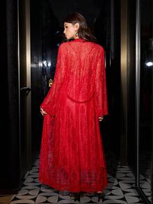 SilkySpell 2pcs Women Spaghetti Strap Maxi Dress,Lace Trim Robe,Elegant Satin Sleepwear Set,Long Style,All Season,Red Summer Lounge Lingerie Nightgown - Burgundy - View 2