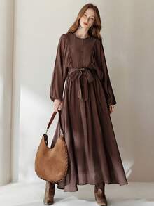 Aveloria Modichic Đầm nữ mùa Thu/Đông mới, tay phồng, màu cà phê trơn, dáng rộng, cổ tròn, đa năng, cài cúc và thắt nơ, tay dài, thướt tha. - màu nâu - Xem 1