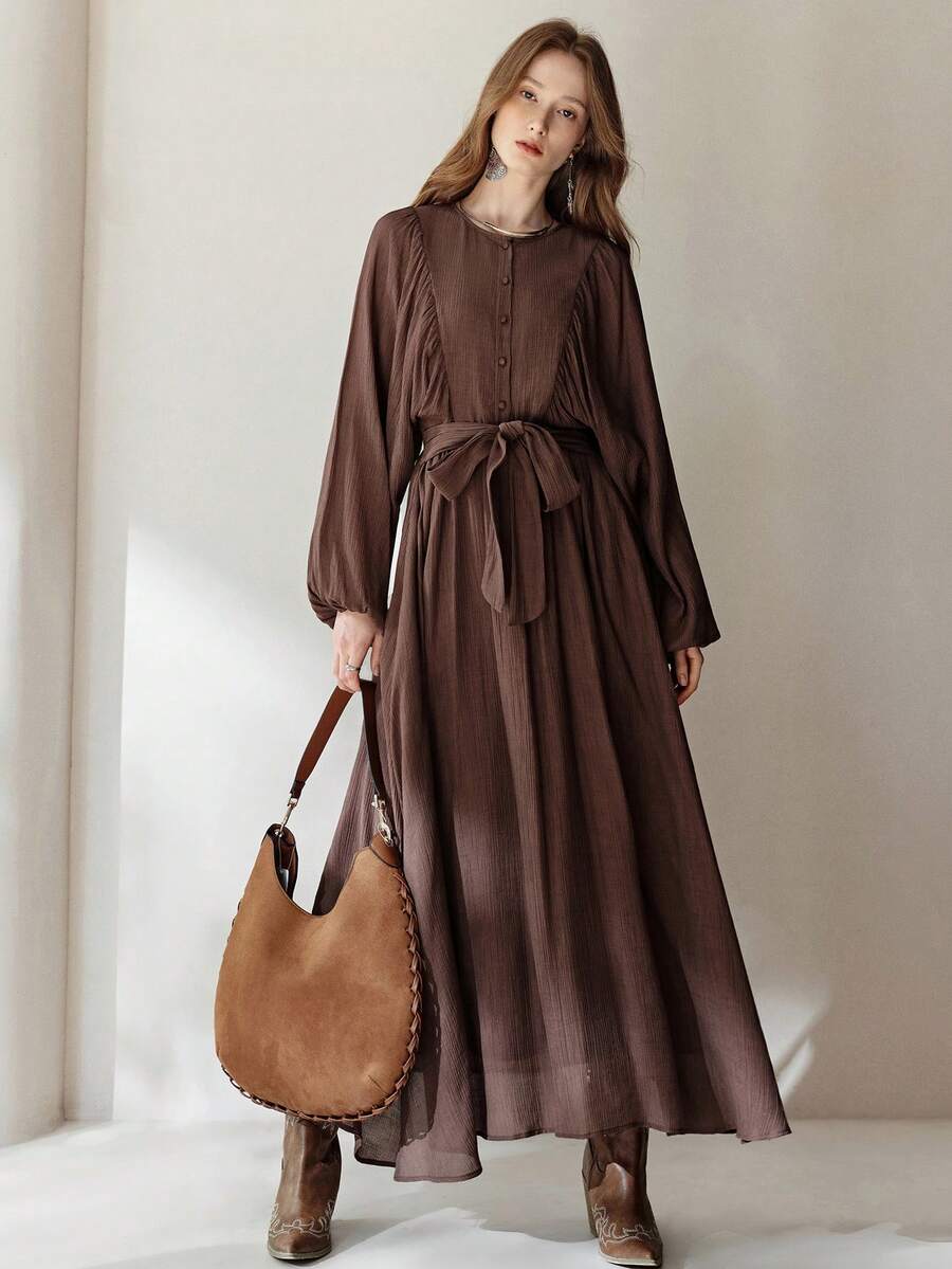 Aveloria Modichic Đầm nữ mùa Thu/Đông mới, tay phồng, màu cà phê trơn, dáng rộng, cổ tròn, đa năng, cài cúc và thắt nơ, tay dài, thướt tha. - màu nâu - Xem 1