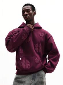 SUMWON Boxy Fit Hoodie With All Over Puff Floral Applique Design Burgundy Pullover Sweatshirt Long Sleeve Casual Winter Fall - Purple - View 3