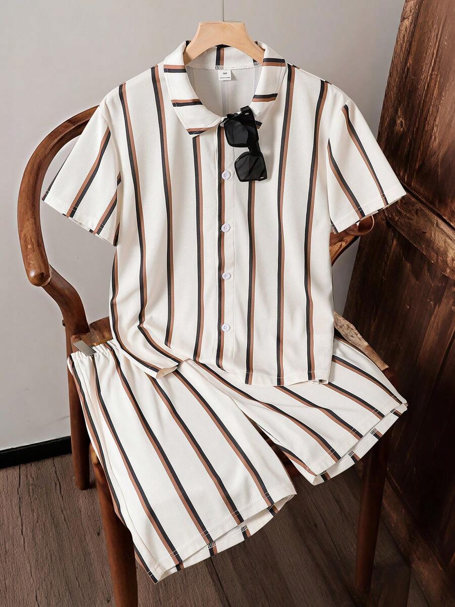 Teen Boy Textured Striped Short Sleeve Shirt And Striped Shorts, Casual And Comfortable For Outdoor And Indoor Wear, Suitable For Summer