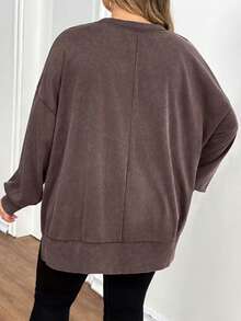SHEIN CURVE+ Plus Size Solid Color Round Neck Casual Versatile Long Sleeve Sweatshirt Thanksgiving New Year - Brown - View 2