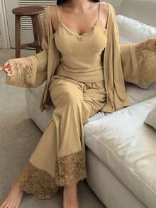 DAZY 3pcs Lace Patchwork Robe, Camisole & Pants Women Sleepwear Set - Khaki - View 5