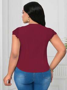 SHEIN Clasi Áo cánh vải họa tiết ren tương phản cổ chữ V cỡ lớn - Màu Đỏ Sâu - Xem 2