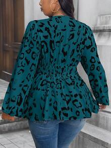 Juhart 大码印花V领褶裥休闲长袖衬衫，荷叶边上衣 - 水鴨藍 - 查看 2