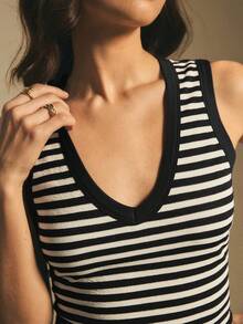Poéselle 女士撞色条纹无袖休闲背心 - 黑色 - 查看 8