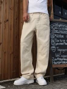 Manfinity Roghcode 男士复古米色休闲宽松阔腿牛仔裤 - 米色 - 查看 5