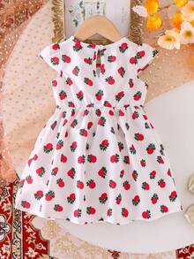 SHEIN Adorable Baby Girl Strawberry Print Flounce Sleeve Ruffle A Line Short Dress White,Summer,Cute,First Birthday Baby Girls Multicolor Party Dress - Multicolor - View 10