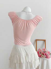 SHEIN EZwear 女士纯色褶皱休闲粉色 T 恤上衣，日常穿着 - 粉色 - 查看 2