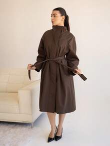 Andrea Bello 1 件女式纯色宽松长袖腰带口袋纽扣开合长款风衣女式夹克，秋季女装 - 咖啡棕 - 查看 6