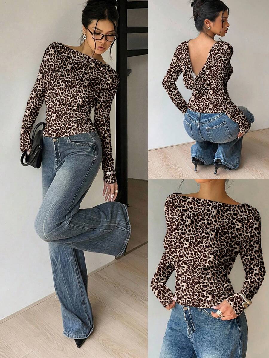Siren Gaze 休闲简约性感棕色豹纹印花长袖露肩露背女式长袖T恤，适合秋冬派对穿着 - 彩色 - 查看 1