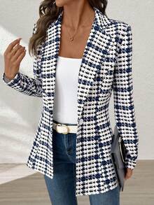 SHEIN Clasi Elegancka, jednorzędowa marynarka damska Curvy Plus Size z nadrukiem w pełnym kolorze i blokami kolorów, z długim rękawem i efektownym krojem, do biura, w eleganckim stylu. Zima dla kobiet, na wyjścia, odzież robocza, strój biurowy dla kobiet - Wielokolorowe - Zobacz 9
