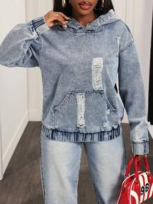 Slaydiva Women's Casual Washed Distressed Hooded Denim Jacket - Blue - View 1