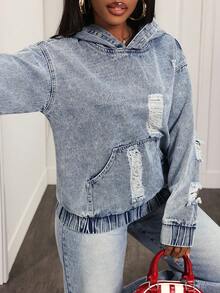 Slaydiva Women's Casual Washed Distressed Hooded Denim Jacket - Blue - View 6