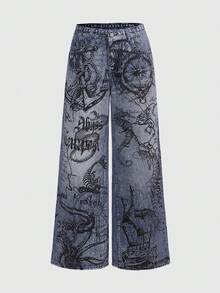 ROMWE Grunge Punk Nautical Punk Ocean Element Print Loose Wide-Leg Jeans