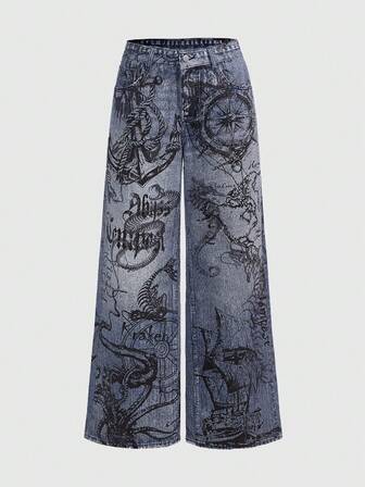 Grunge Punk Jeans anchos y sueltos con estampado de elementos náuticos y punk