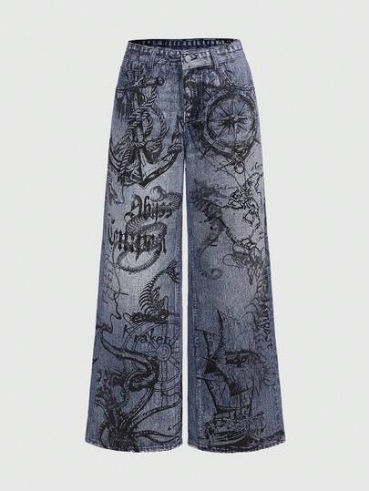Grunge Punk Nautical Punk Ocean Element Print Loose Wide-Leg Jeans